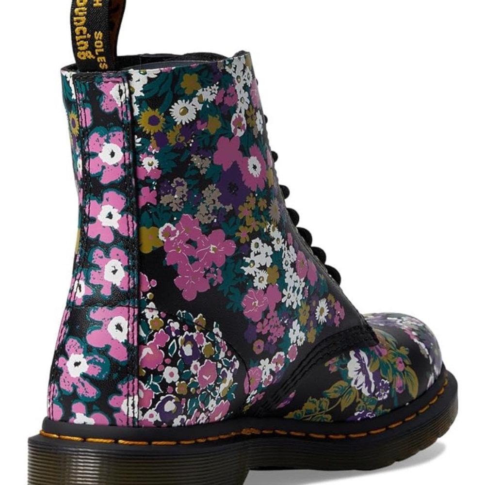 Dr. Martens Black and Pink Combat Boots with Floral Design